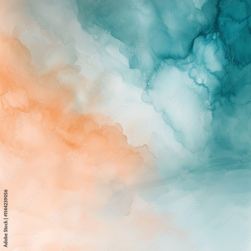 Poster layered tones of watercolor abstract art in vibrant oranges and turquoise create a calming and dynam