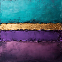 Naklejka premium Layered composition featuring purple, teal, and gold textures creating a striking visual harmony in abstract art form