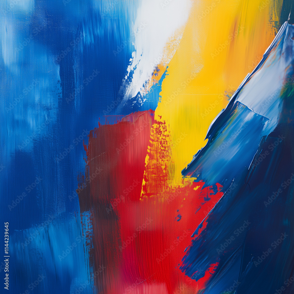 Poster vibrant abstract composition showcasing dynamic brush strokes and bold colors creating a sense of mo