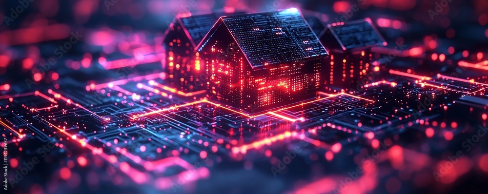 Poster holographic display of real estate smart contracts on blockchain futuristic property security concep