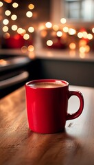 Obraz premium Cozy Red Coffee Cup on Rustic Wooden Table, Festive Blurred Background with String Lights