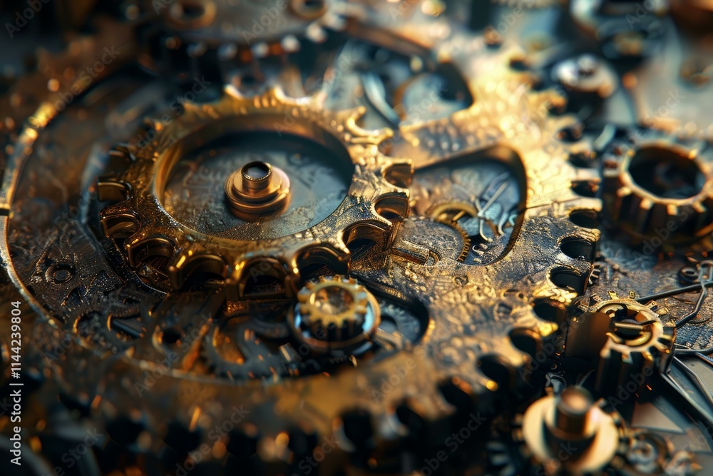 Poster intricate clockwork mechanism with golden gears operating in perfect harmony