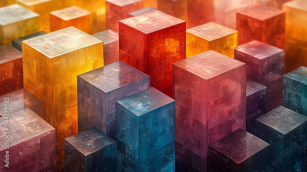 Poster orderly stacked cubes in vibrant colors representing blockchain data streaming