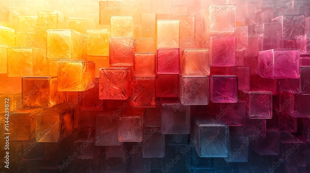 Poster blockchain technology concept with colored blocks forming orderly stack and transparency