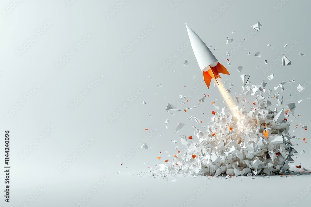 Poster rocket launch breaks through a paper barrier creating a dynamic explosion of white fragments