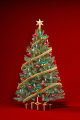 Christmas red background concept with ornaments and presents. Christmas tree with ornaments, gift boxes on dark red background, 3d rendering illustration.