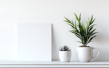 Blank white canvas mockup with potted plants on a white shelf against a white wall.