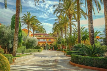 Fototapeta premium House with Tropical Garden Palm Trees near Architecture Building in Spain
