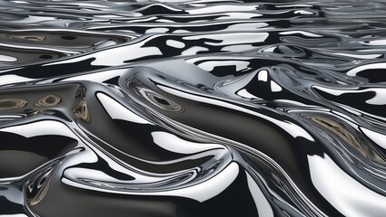 Fluid metallic surface with smooth waves, reflecting light in shades of silver and black. Ideal for backgrounds and abstract design projects.