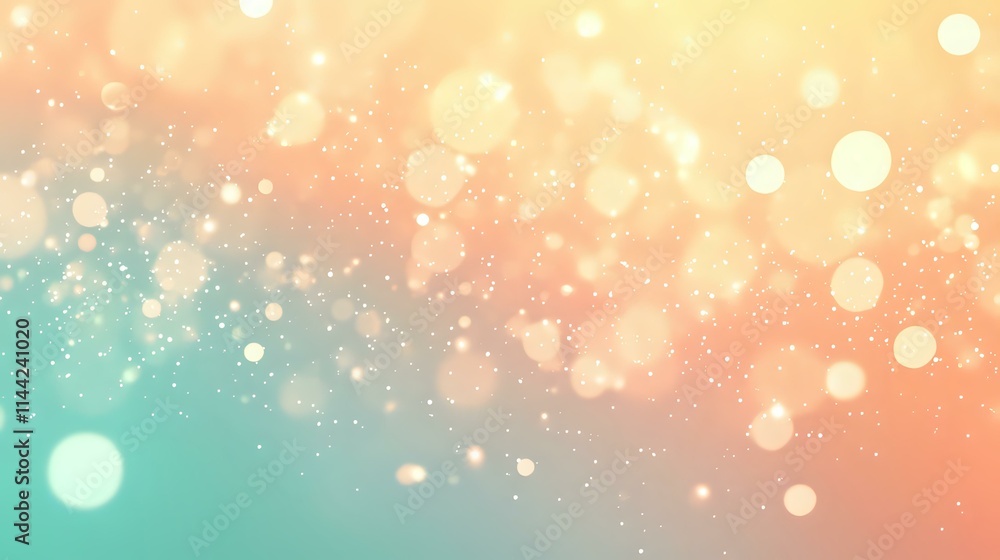 Poster gradient peach and mint tones with glowing sparkles and soft bokeh lights for a playful, pastel-them