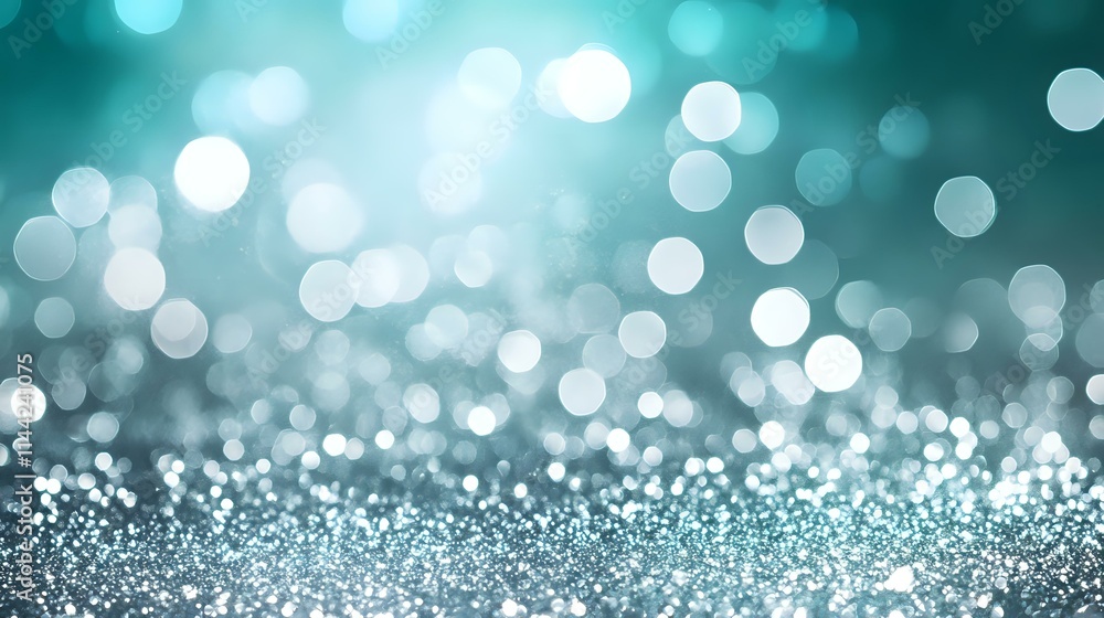 Wall mural gradient teal and silver background with swirling glitter and glowing bokeh for a sophisticated mode