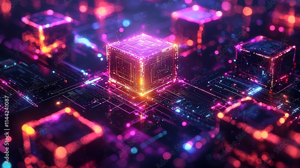 Poster vibrant decentralized financial ecosystem with blockchain nodes connecting in dynamic digital cybers