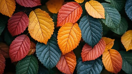 Fototapeta premium Vibrant autumn leaves with water droplets.
