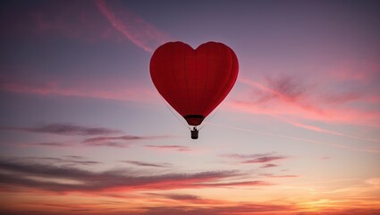 Fototapeta premium Heart-shaped red hot air balloon floating against stunning sunset sky with vibrant pink and purple hues, conveying romance and adventure.