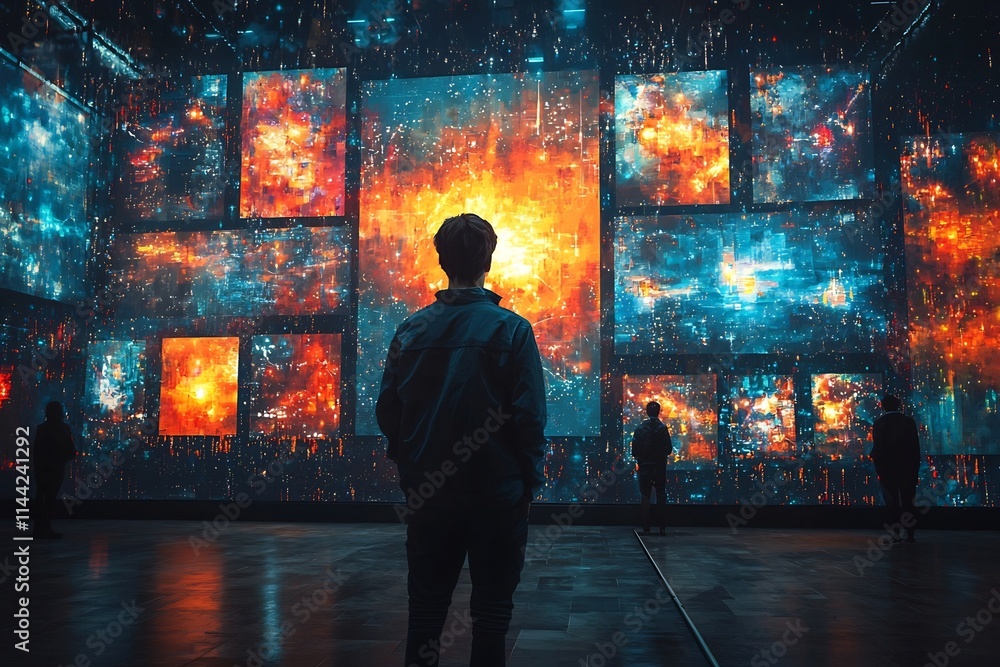 Poster virtual selling nft art on a futuristic blockchain platform digital gallery background showcasing th