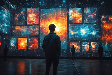 Virtual selling NFT art on a futuristic blockchain platform  digital gallery background showcasing the concept of the creative economy and blockchain