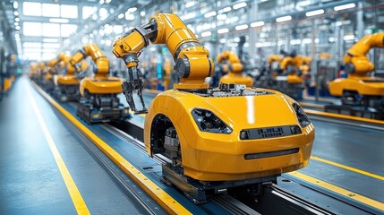 Automated Car Manufacturing Process: Robots Assembling Yellow Vehicles on a Conveyor Belt in a Modern Factory