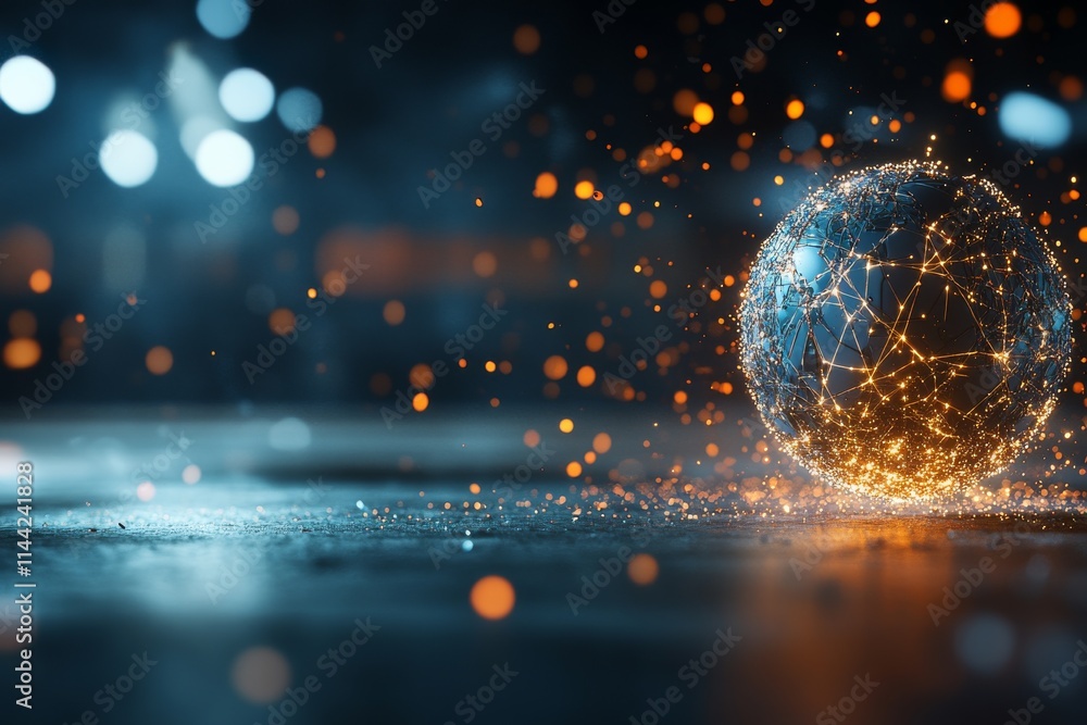 Poster glowing sphere of interconnected nodes illuminated by sparks in a dark environment at night