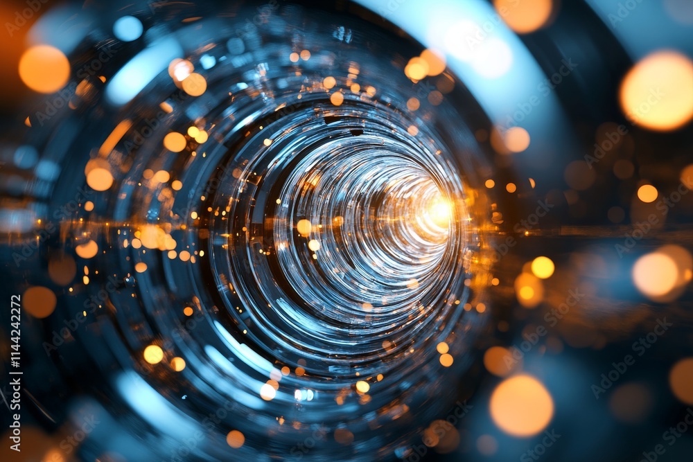 Poster spiral tunnel of light and sparks creating a mesmerizing visual effect in a digital landscape