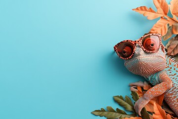 Colorful chameleon wearing sunglasses among tropical leaves on a bright blue background