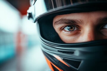 Close-up of a race car driver in helmet preparing for a competition at the racetrack