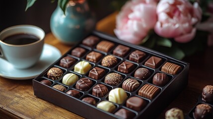 Assorted chocolates in box with coffee and flowers.