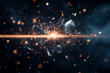 Shattered crystals explode with brilliant light in a cosmic-style background