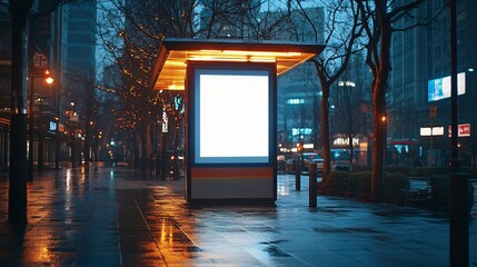 Vertical blank digital billboard mockup at a city bus stop, perfect for outdoor advertising or promotional content.