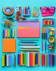 Fototapeta premium A creative top-down flat lay of colorful stationery items arranged neatly on a pastel background, ideal for educational or office themes.