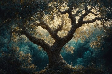 Fototapeta premium Ancient oak tree stands majestically in a mystical, teal-toned forest, bathed in golden light.