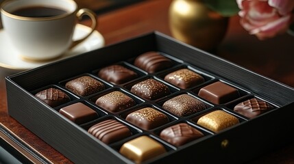 Assorted gourmet chocolate candies in elegant black box, coffee cup on wooden table.