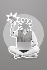 Vertical collage of black white gamma girl influenza instead head hand hold pills drugs use netbook...