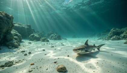 Fototapeta premium Baby shark swimming in clear ocean with sunlight beams