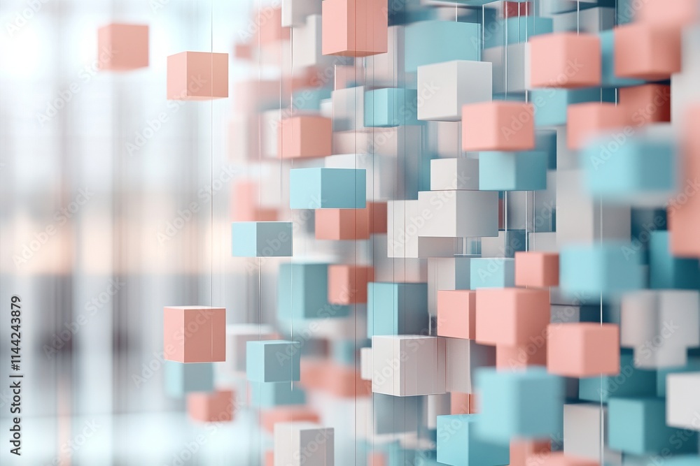 Poster colorful 3d cubes suspended in a modern indoor space create a dynamic visual display during daylight