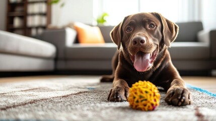Brown Labrador retriever dog lying on the floor playing with a toy in a cozy indoor living room environment, focusing on pet activity and relaxation concepts, illustrating playful canine behavior and 