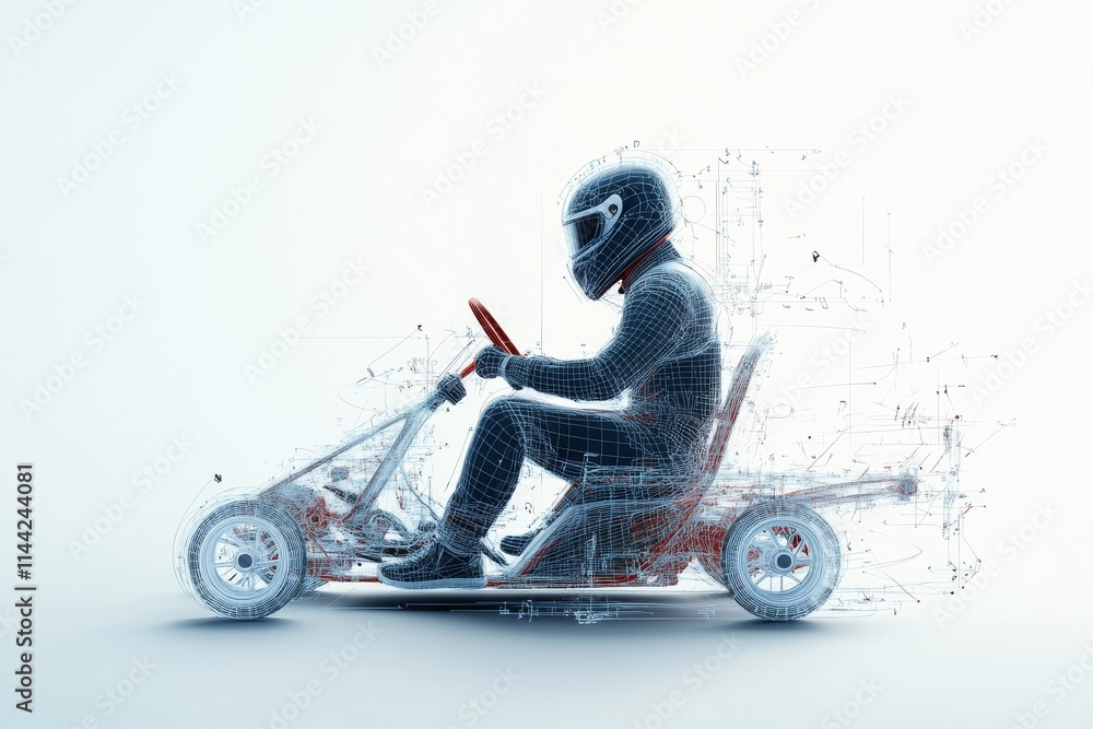 Poster racing go-kart with futuristic design showcasing a driver in a helmet and a digital effect of motion