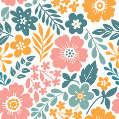 Seamless flowers pattern, Hand-drawn botanical  element, Vector illustration, Doodle floral colorful pattern background.