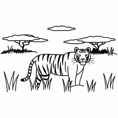 Tiger, White Outline, White Background, Animal Art, Tiger Clipart, Vector Illustration, Tiger Design, Wildlife Graphic, Transparent Vector Tiger, Tiger Silhouette, Vector Animal Art, Tiger Artwork, Mi