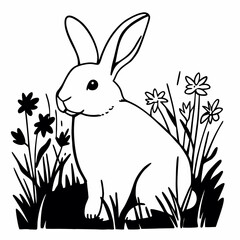 Rabbit, White Outline, White Background, Animal Art, Rabbit Clipart, Vector Illustration, Rabbit Design, Pet Graphic, Transparent Vector Rabbit, Rabbit Silhouette, Vector Animal Art, Rabbit Artwork, M