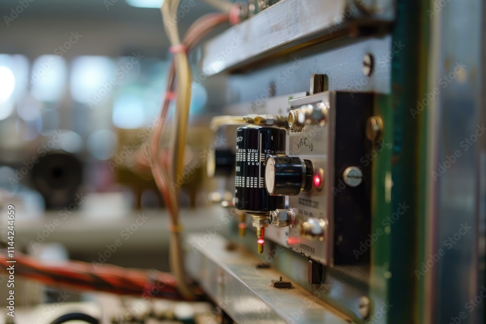 Poster close up of a vintage analog measuring device with red led lights on, evoking a sense of nostalgia f