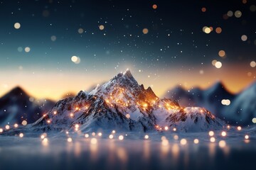 Fototapeta premium Majestic snowy mountain illuminated by warm lights at twilight with glimmering background effects