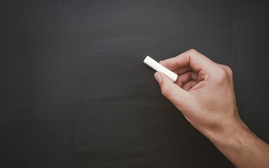 Hand holding a white chalk on empty blackboard
