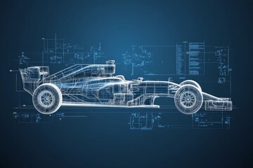 Detailed blueprint of a modern racing car showcasing engineering precision and innovative design in a digital format