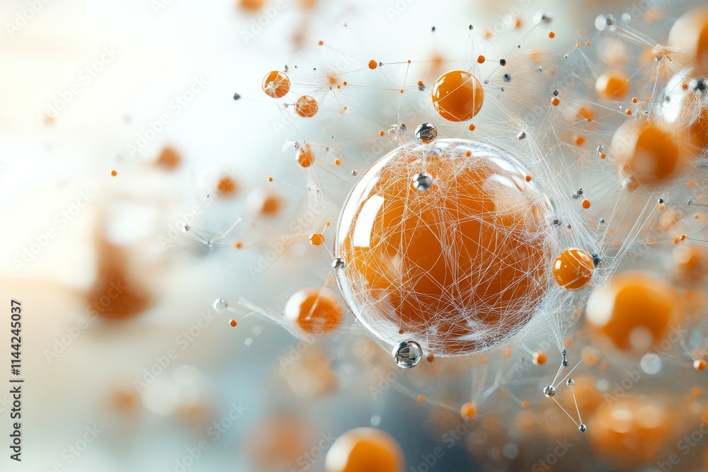 Poster abstract representation of molecular structures with orange spheres and delicate fibers highlighting