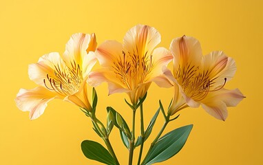 Obraz premium Three pale yellow Alstroemeria flowers against a yellow background.