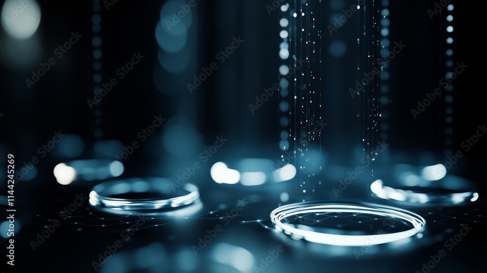 Poster visual display of raindrops falling in a dark environment with illuminated circular ripples