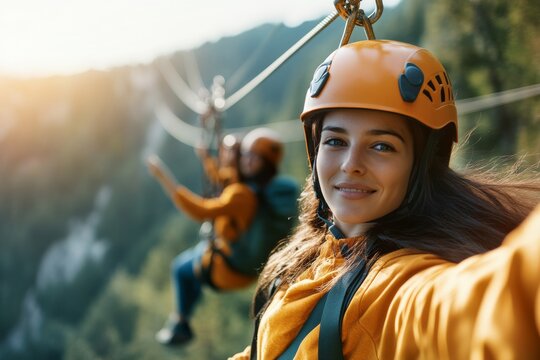 Ziplining adventure in a mountainous landscape during golden hour with excited participants enjoying the thrill