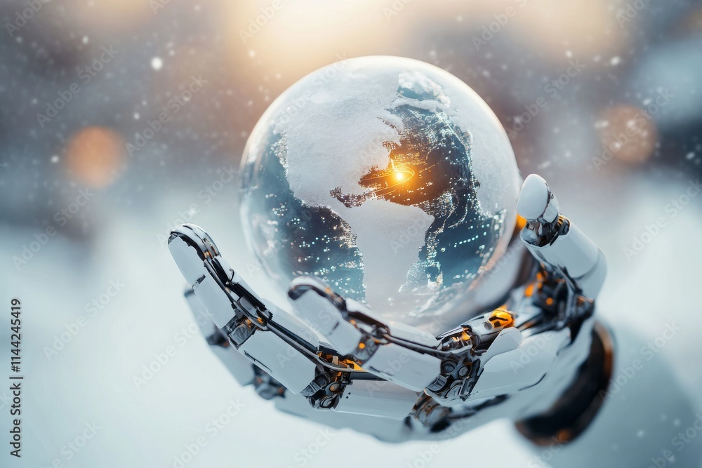 Poster futuristic robotic hand holding a transparent globe with illuminated map details reflecting advanced