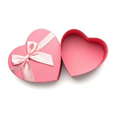 Empty pink heart shape giftbox with golden ribbon isolated on white background, Valentine Day concept