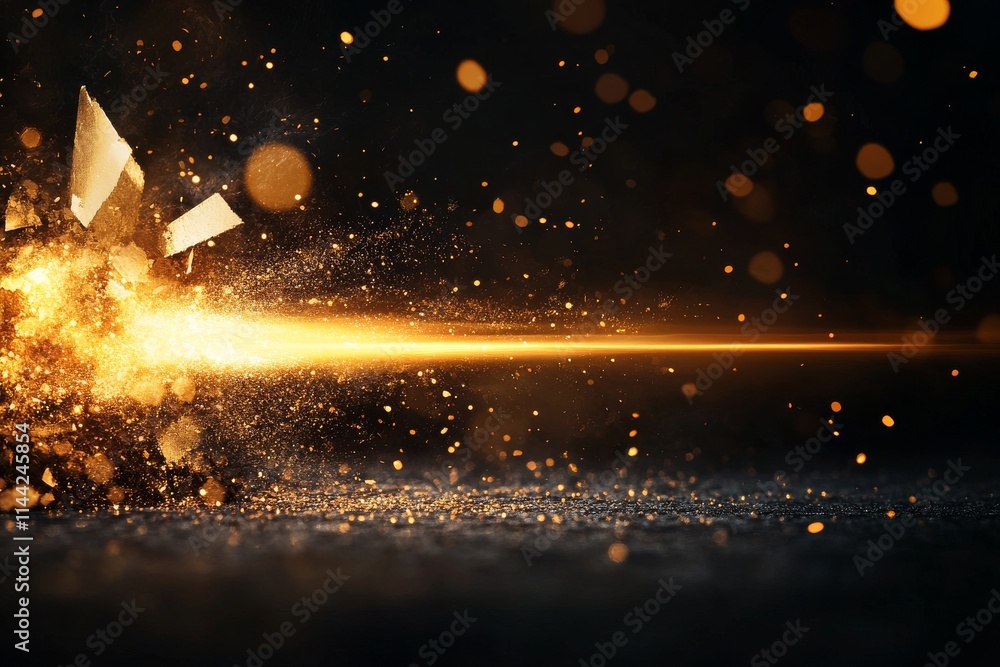 Poster bright sparks and glittering particles explode in a dark background, creating a dramatic visual effe